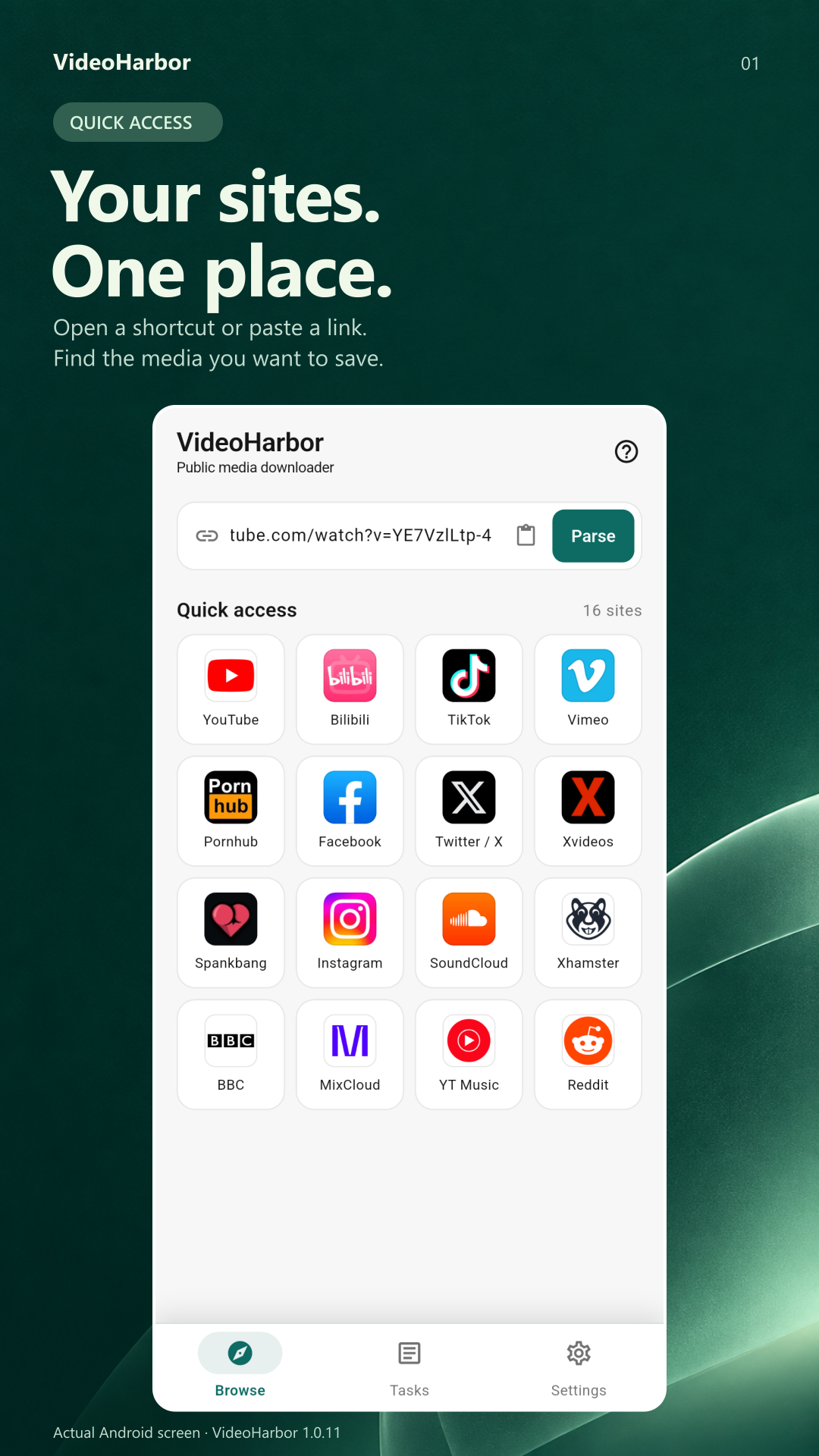 VideoHarbor Android home screen with a link input and shortcut sites